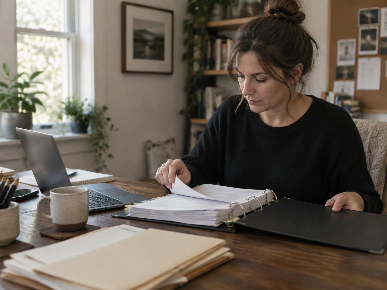 Business owner reviewing a compliance binder at her desk