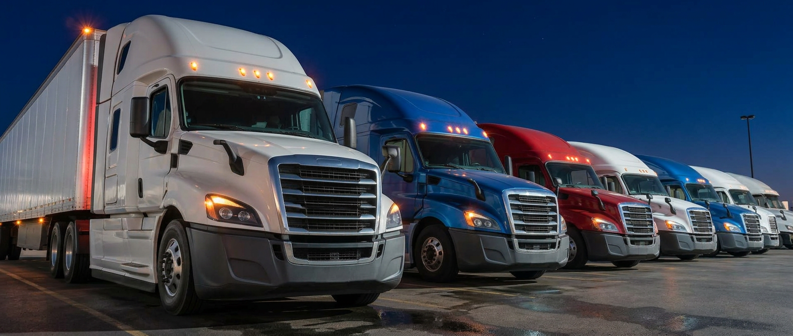 Row of semi trucks parked at a trucking yard at night