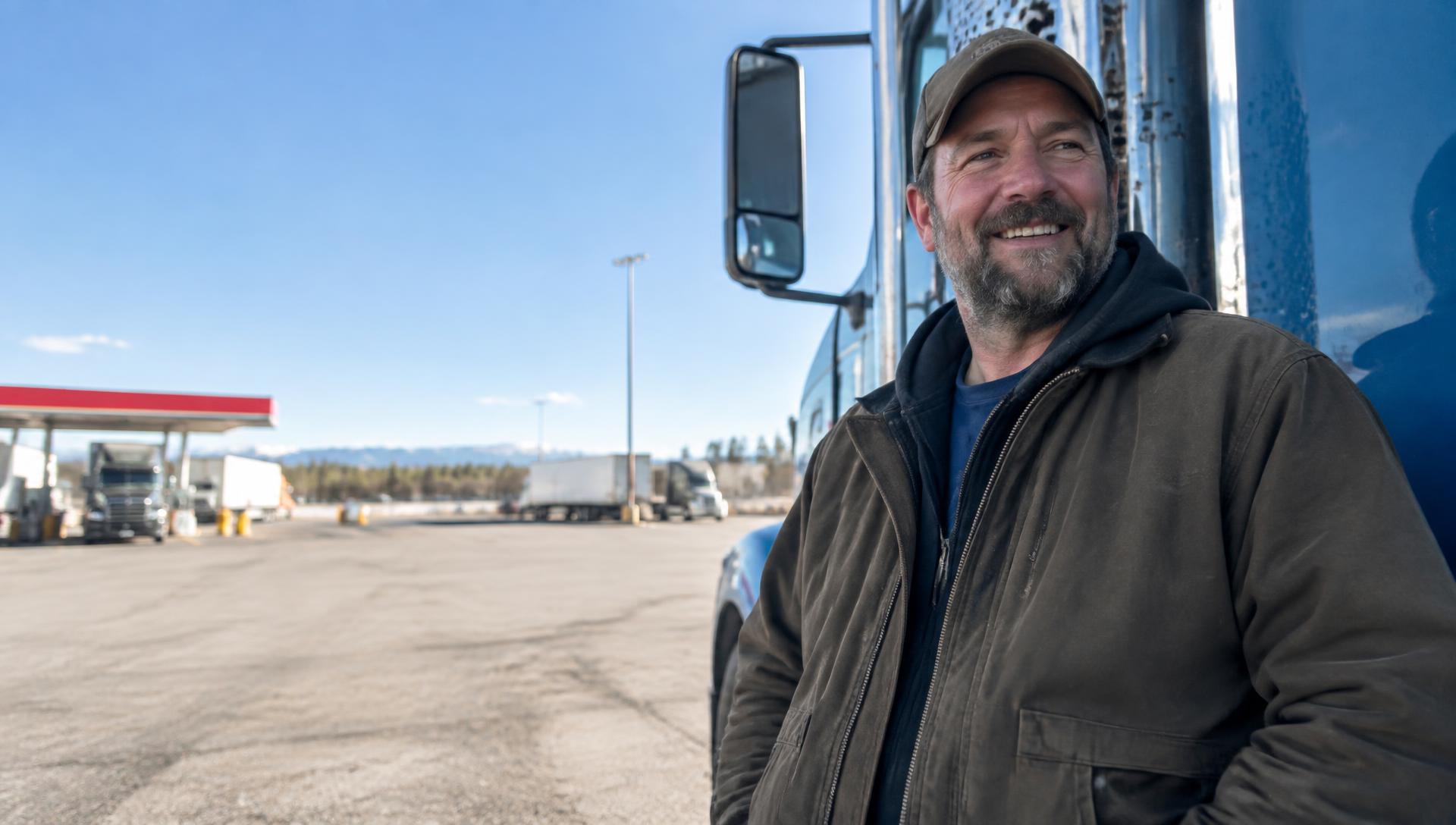 Smiling truck driver standing beside his truck in morning daylight