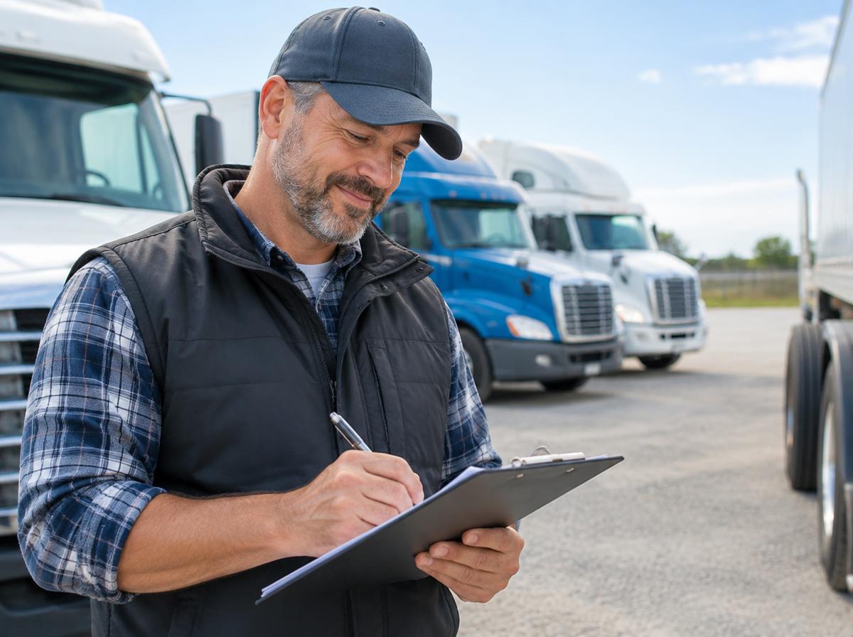 Fleet owner filling out a report in a truck yard