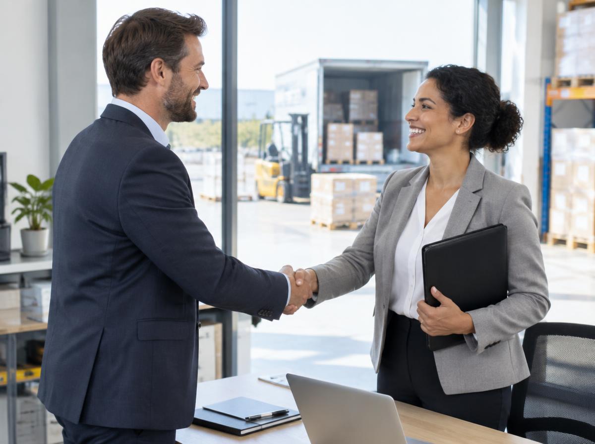 Carrier and broker shaking hands in a logistics office