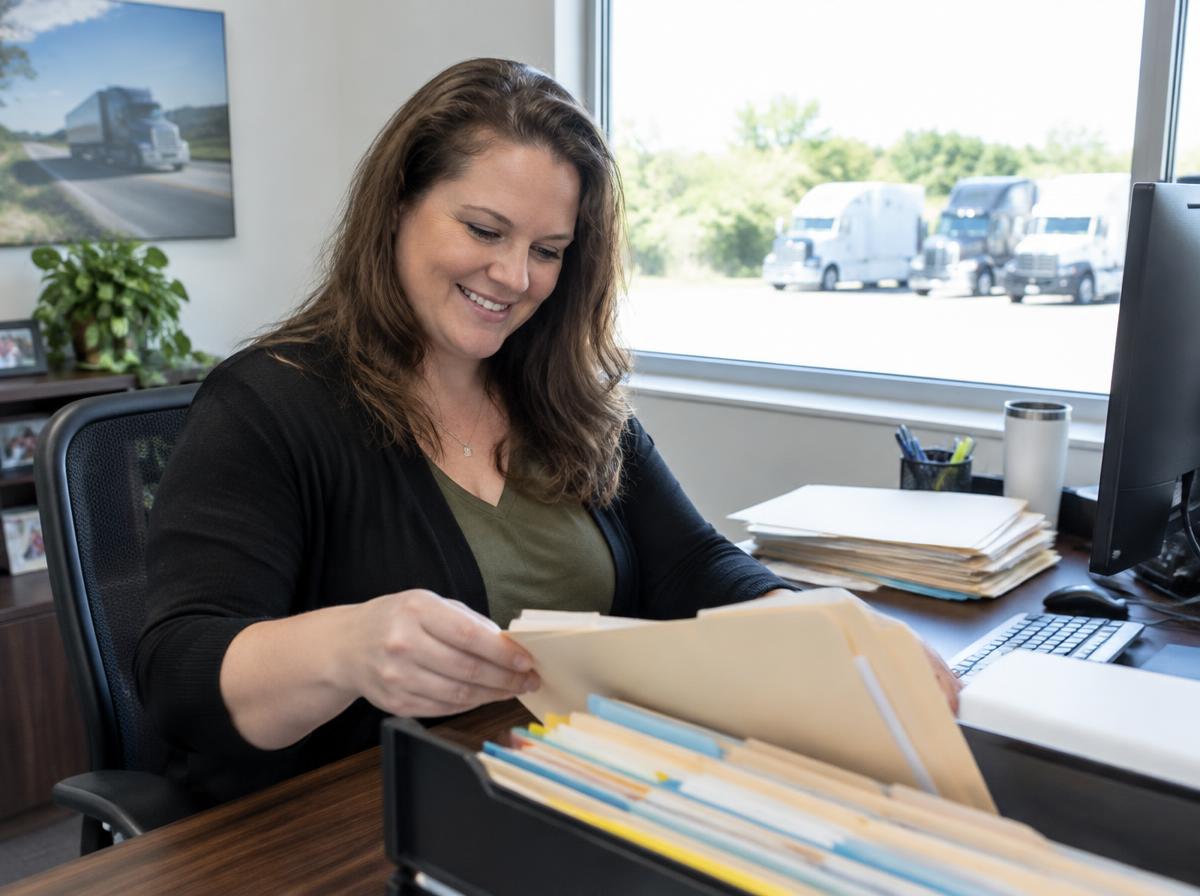 Office manager organizing driver qualification files