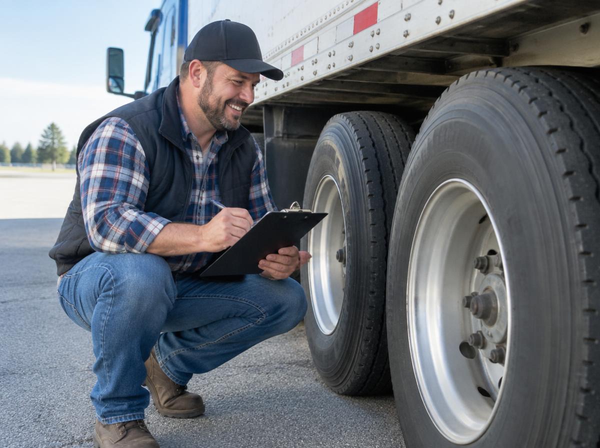 Truck driver completing a pre-trip inspection with a clipboard
