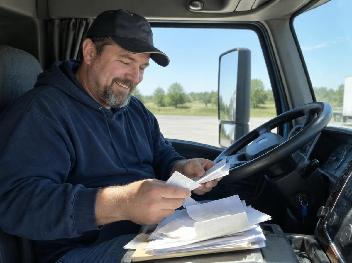 Driver sorting fuel receipts and trip documents in his cab