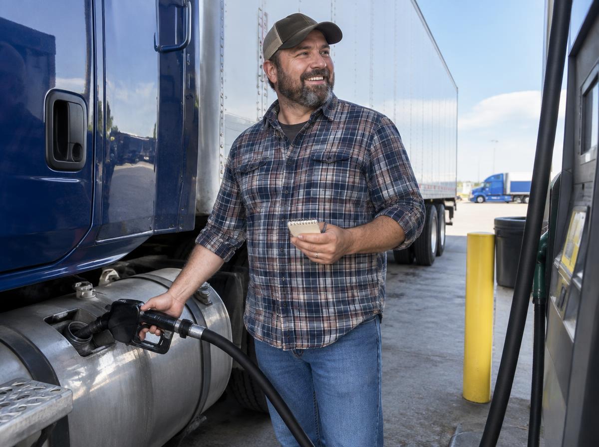 Owner-operator fueling his truck and logging the purchase