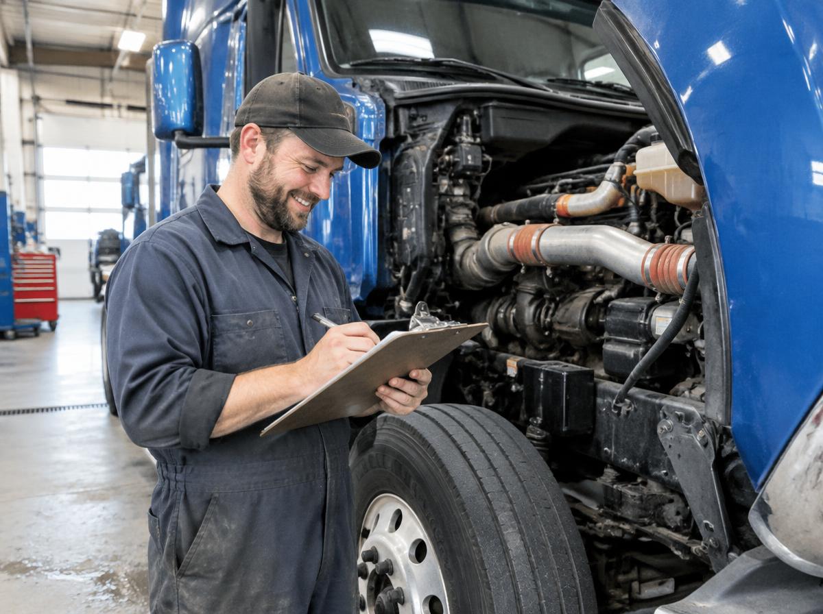 Mechanic logging service next to an open truck hood