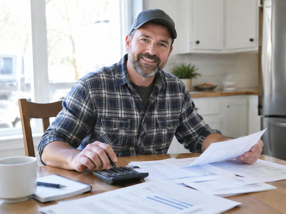Trucking business owner reviewing trip expenses with a calculator